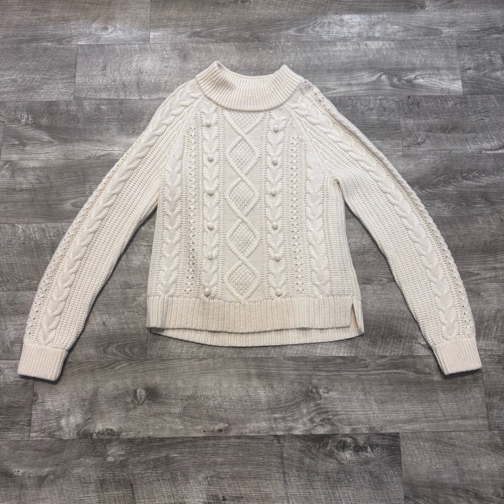NWOT J. Crew Pom Pom Wool Blend Mock Neck Ivory Sweater Womens Sz. S